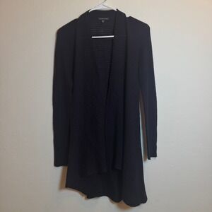 Eileen Fisher Medium Black Ribbed Merino Wool Open Front Cardigan Sweater